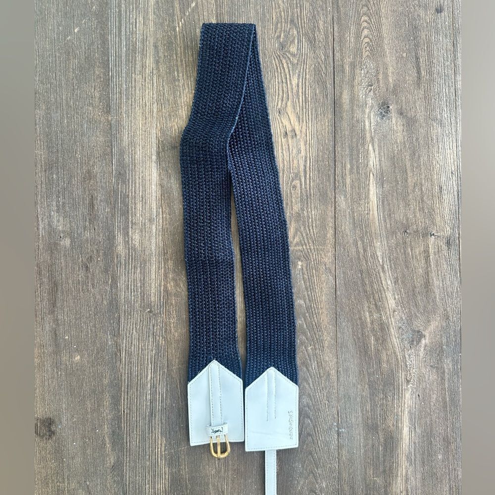 Vintage YSL Yves St. Lauren Blue And White Rattan Belt Large